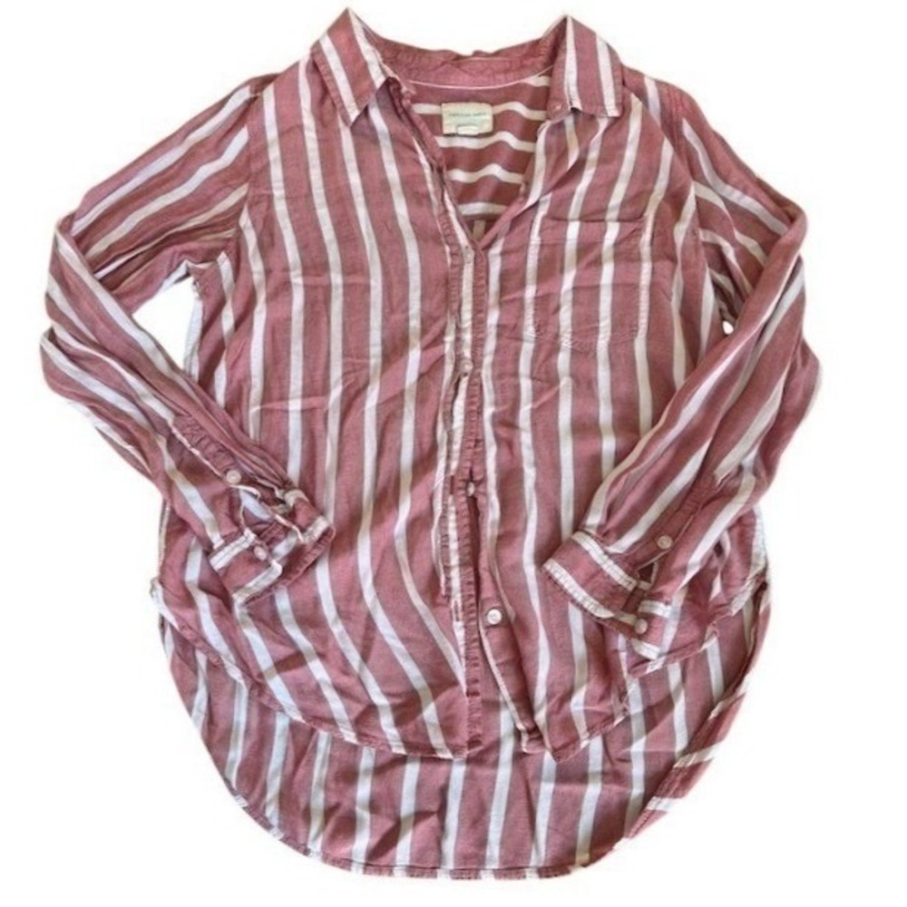 American Eagle Red White Stripe Button‎ Down Shirt Women's Long Sleeve Casual